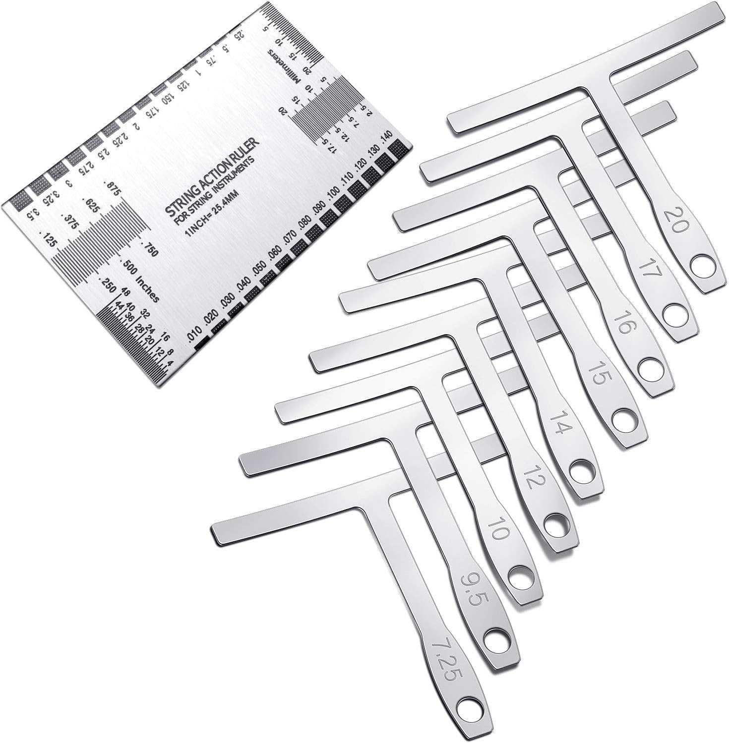Mudder 10 Pieces Guitar Luthier Tools Set Include 9 Understring Guitar Radius Gauge and 1 String Action Height Gauge Ruler Measuring Tool Kit for Bass Setup(Silver)