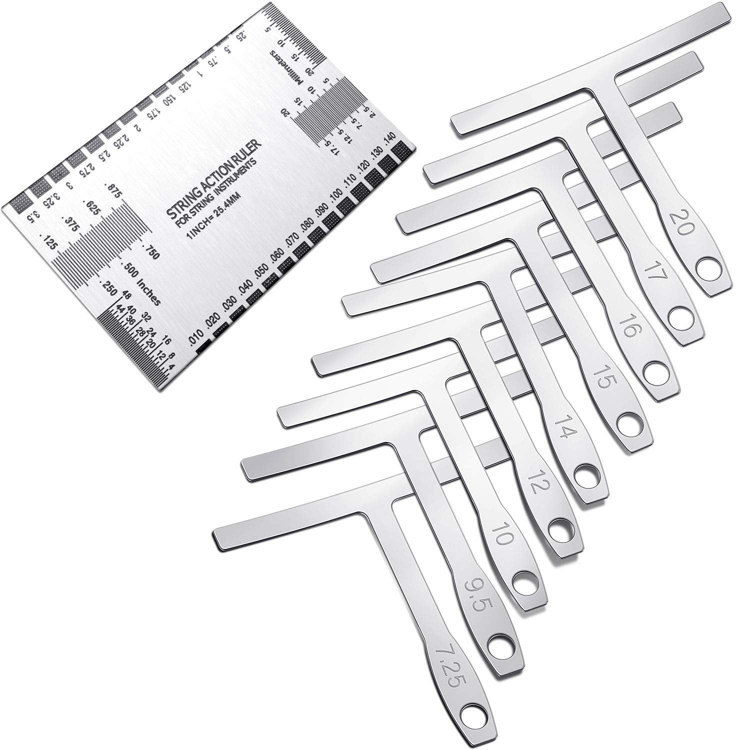 Mudder 10 Pieces Guitar Luthier Tools Set Include 9 Understring Guitar Radius Gauge and 1 String Action Height Gauge Ruler Measuring Tool Kit for Bass Setup(Silver)