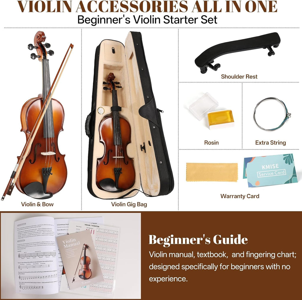 Kmise Violin 4/4 Full Set, High Density Ebony Violins, Glossy Acoustic Fiddle for Adults, Beginners, Students with Violin Case, Rosin, Strings, Bow, Shoulder Rest, Beginner's Guide (Ebony, 4/4)