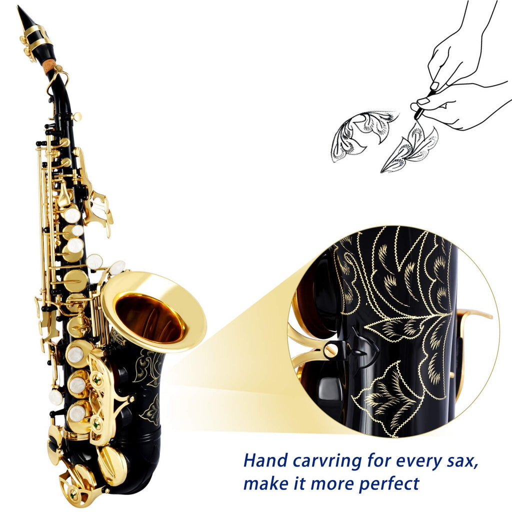 EASTROCK Soprano Saxophone Curved Bb Flat Black Sax Instruments for Beginners Intermediate Players with Carrying Case,Mouthpiece,Pads,Reed,Cleaning kit,neck Strap,White Gloves