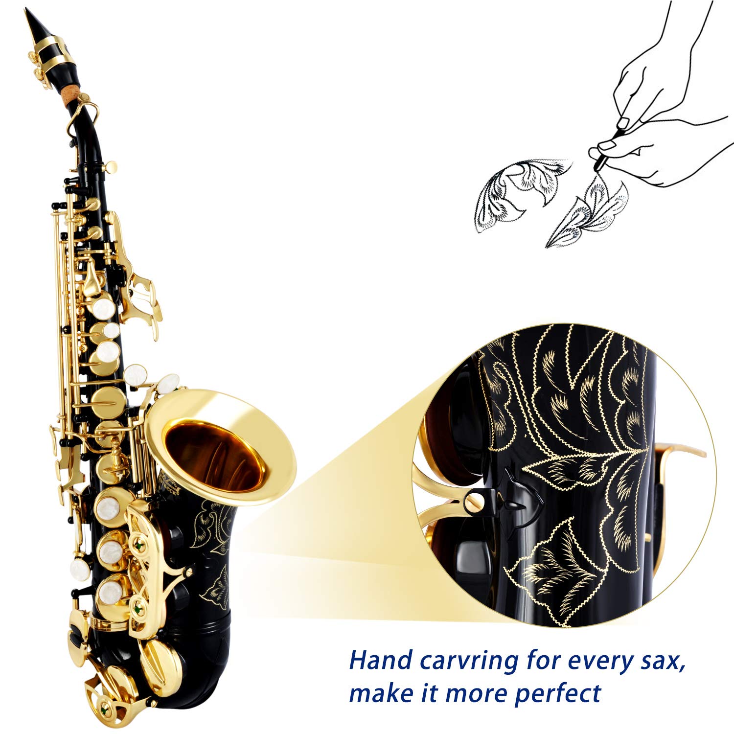 EASTROCK Soprano Saxophone Curved Bb Flat Black Sax Instruments for Beginners Intermediate Players with Carrying Case,Mouthpiece,Pads,Reed,Cleaning kit,neck Strap,White Gloves
