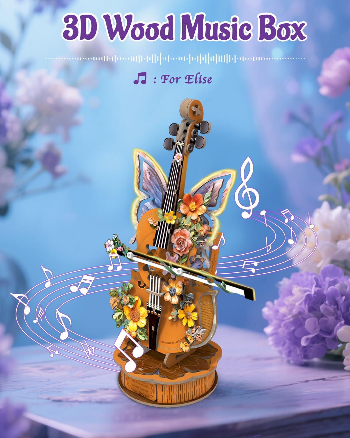 3D Puzzles for Adults, Mechanical Wooden Cello Music Box Puzzles, DIY Flower Music Box Cello Crafts Model Kits Home Decor for Women Holiday Weddings