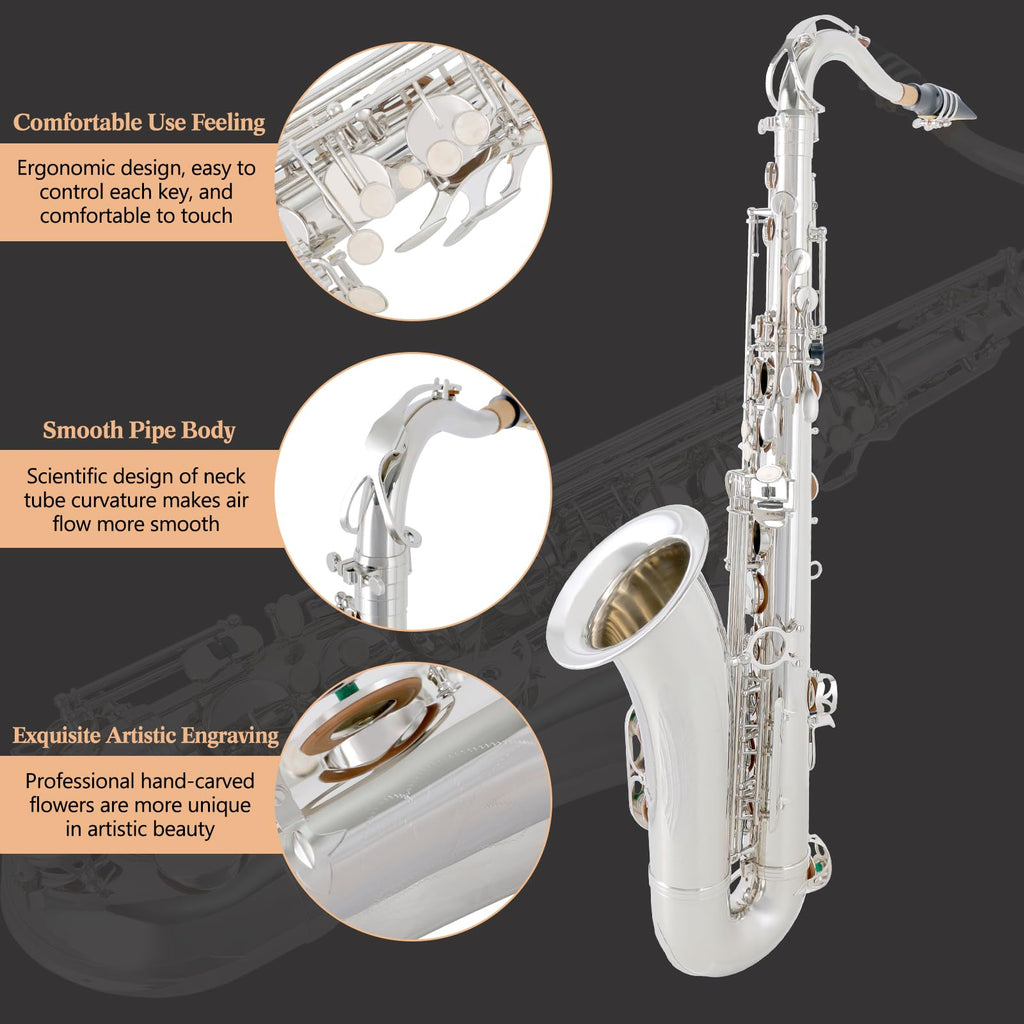 EASTROCK Nickel Tenor Saxophone B Flat Tenor Sax Professional Tenor Saxophone for Beginners Students and Musicians with Carrying Case,Mouthpiece,Reeds,Cushion Pads,Cleaning Kit,Neck Strap