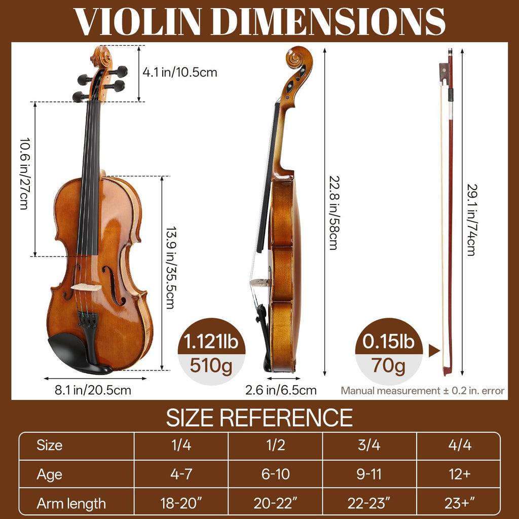 Kmise Violin 4/4 Full Set, Fingerboard Fret Markings Violins, Matte Acoustic Fiddle for Adults, Beginners, Students with Violin Case, Rosin, Strings, Bow, Shoulder Rest, Beginner's Guide (Matte, 4/4)