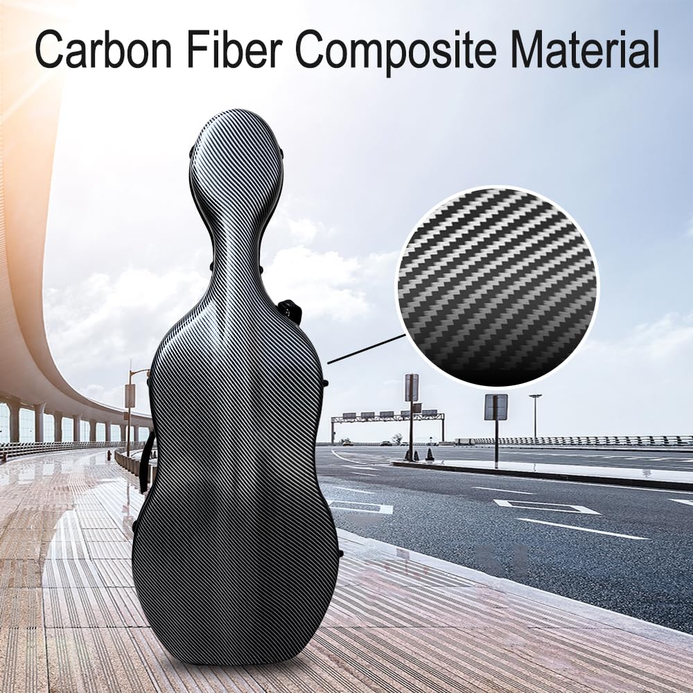 Vetimobato Carbon Fiber Cello Case for 4/4 Full Size Hard Shell with Wheels, Built-in Handle, Backpack Straps, Bow Holders Cello Accessories Box Strong & Ultralight (Dark Green)