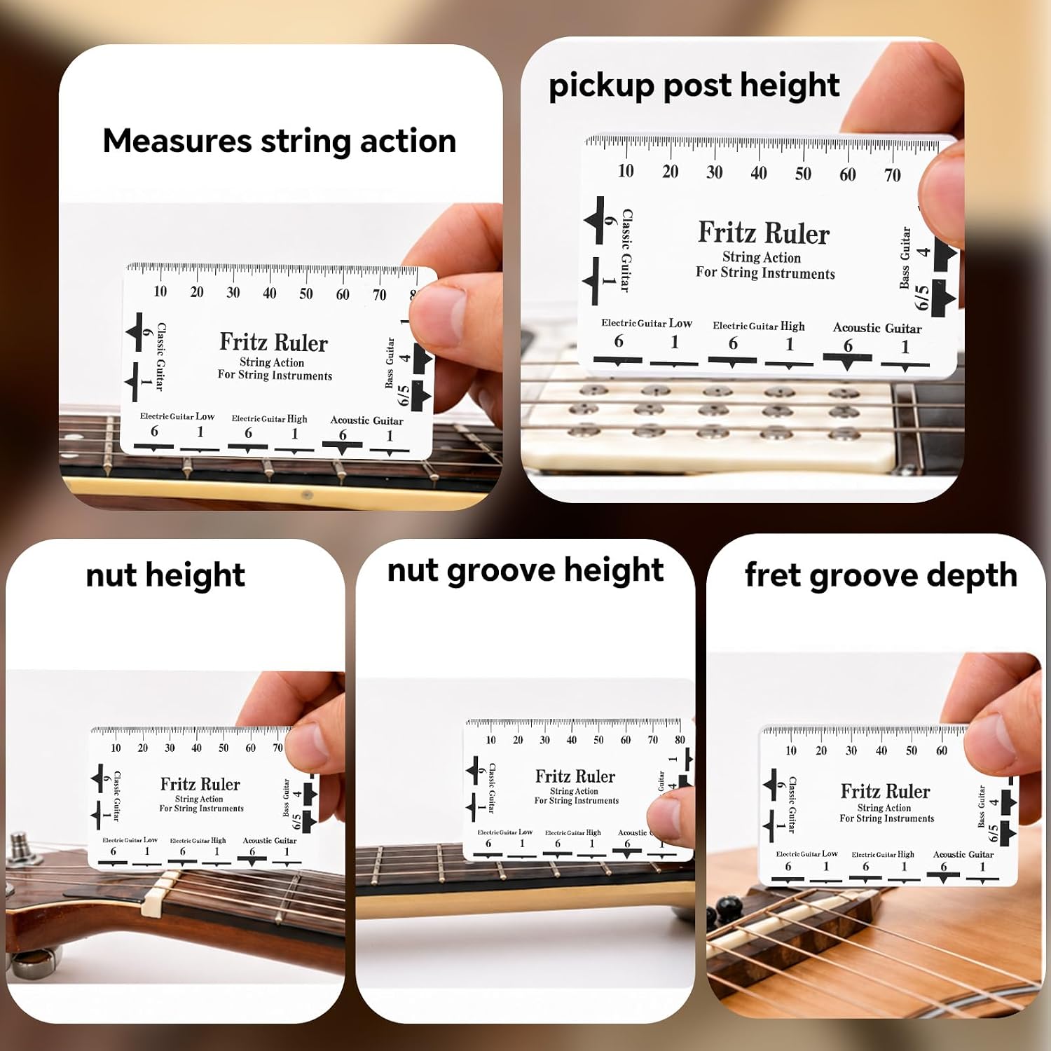 10pcs Guitar Luthier Tools Set, Includes 9 Guitar Understring Radius Gauge & String Action Height Gauge Ruler for Bass Setup Repair Tool Kit