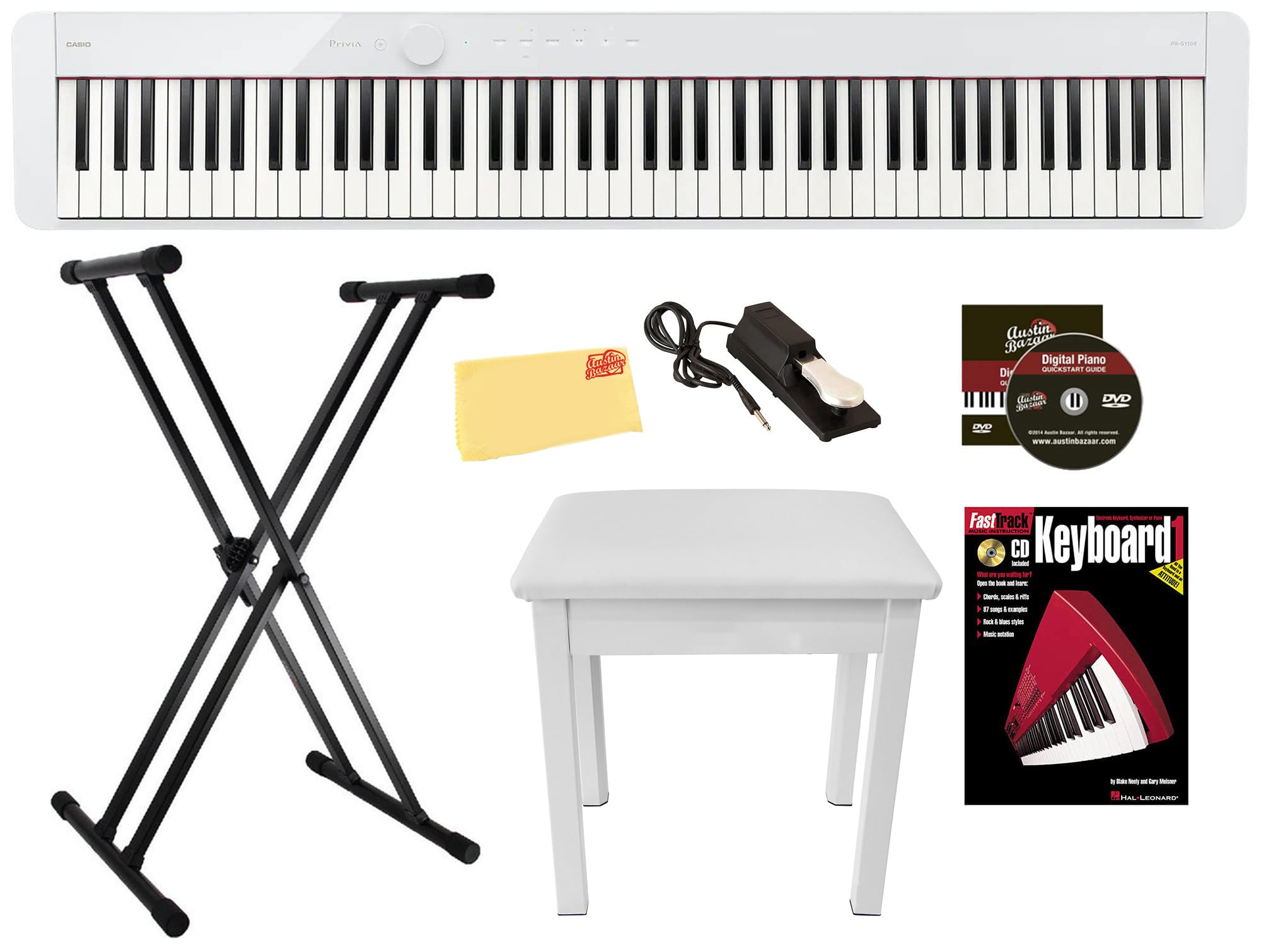 Casio PX-S1100 Privia Digital Piano - Black Bundle with CS-68 Furniture Stand, SP-34 Three Pedal System, Furniture Bench, Instructional Book, Instructional Video, and Austin Bazaar Polishing Cloth
