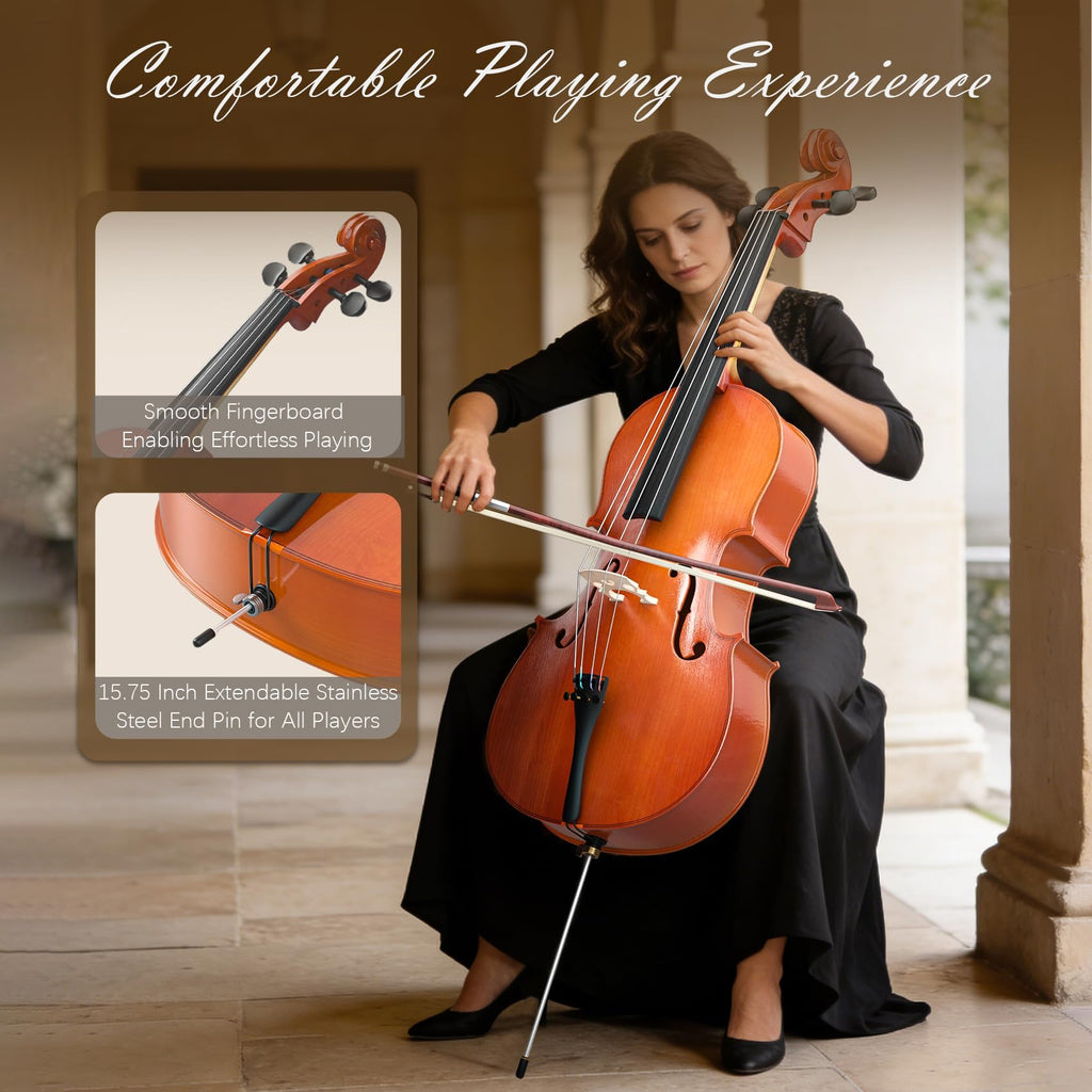 Full Size Cello Kit, Acoustic Cello Instrument for Adults,Beginners,Students,Complete Cello 4/4 Set with Portable Bag, Bow, Rosin (Black)