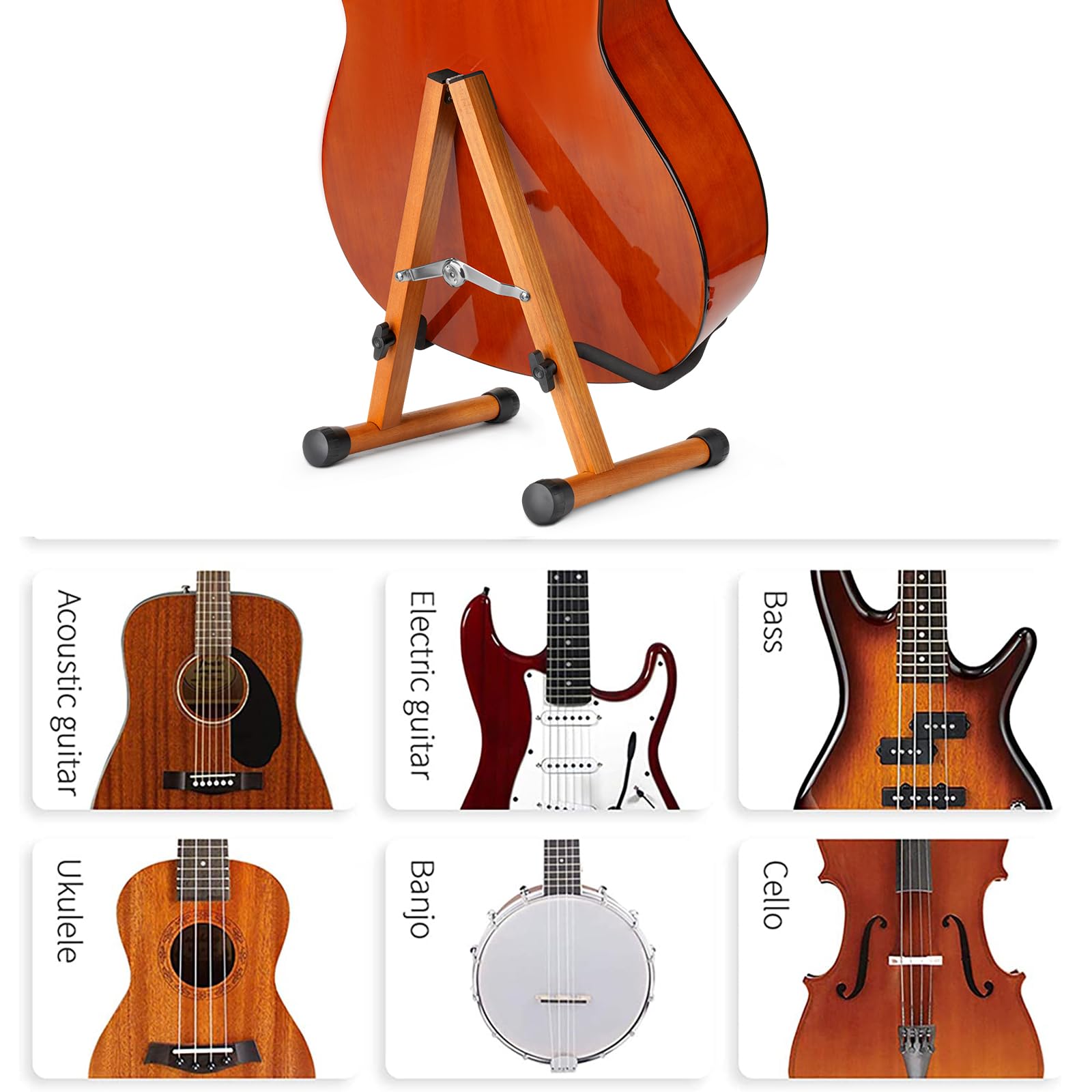 SNIGJAT Wood Guitar Stand, Acoustic Guitar Stand with Padded Foam, Classical Electric Guitar Stand, A-Frame Folding Bass Guitar Display Stand Compatible with Cello, Mandolin, Bass, Banjo, Ukulele