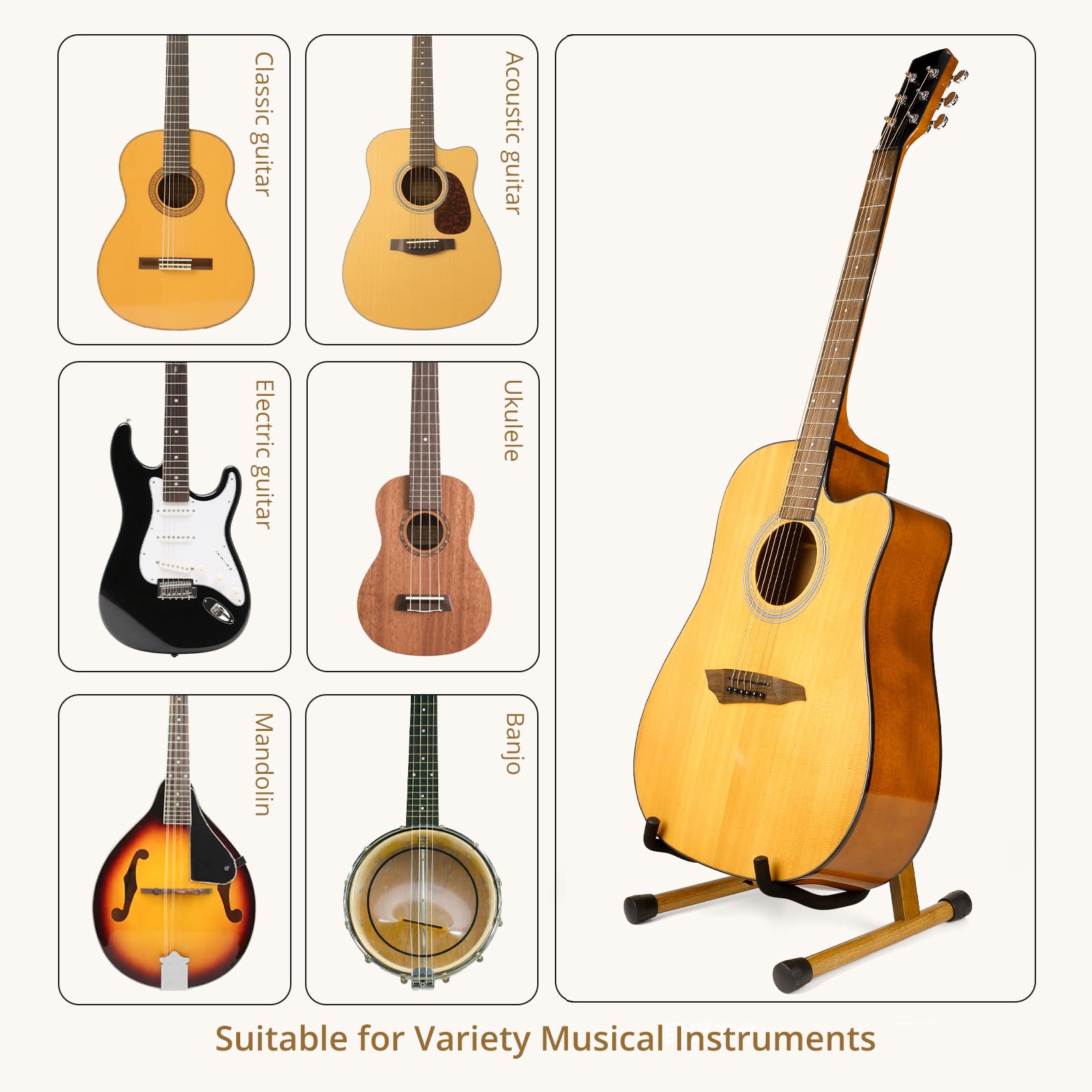 KingPoint Guitar Stand, Guitar Floor Stand, Acoustic Electric Wooden A Frame Folding Guitar Holder Adjustable for Bass, Cello, Mandolin, Banjo, Ukulele (Acacia)