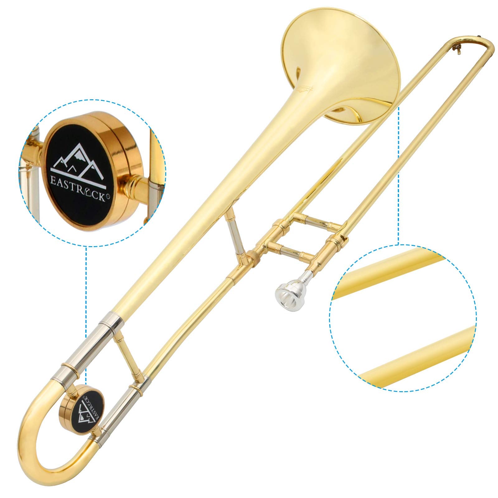 EASTROCK Bb Tenor Slide Trombone, B Flat Brass Plated Trombone Instrument for Beginners Students with Hard Case, with Mouthpiece, White Gloves (12.5mm/200 mm), Golden