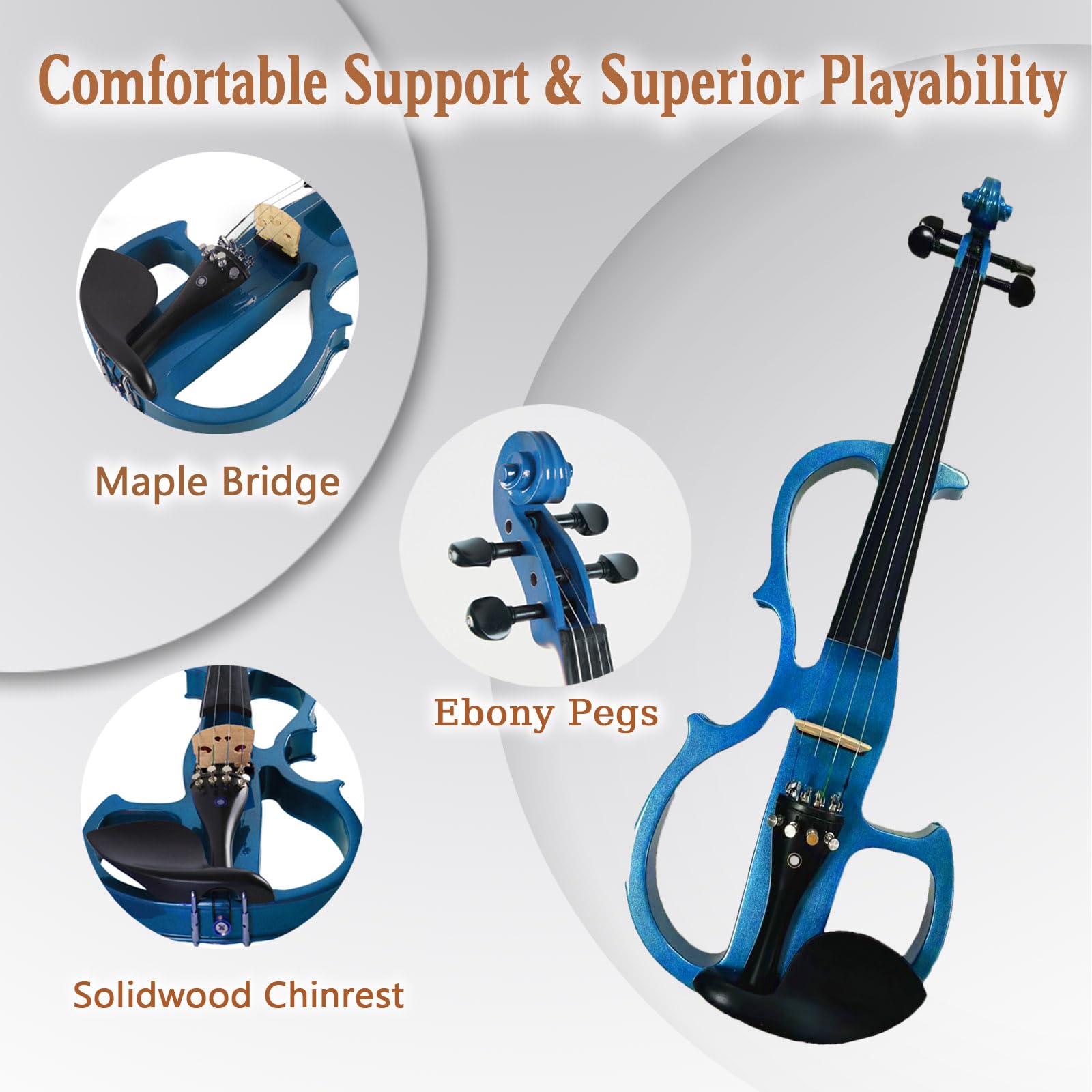 Electric Violin, 4/4 Full Size Solid Silent Fiddle with Ebony Fittings, Silent Electric Violin Kit for Beginner Students (Mahogany)