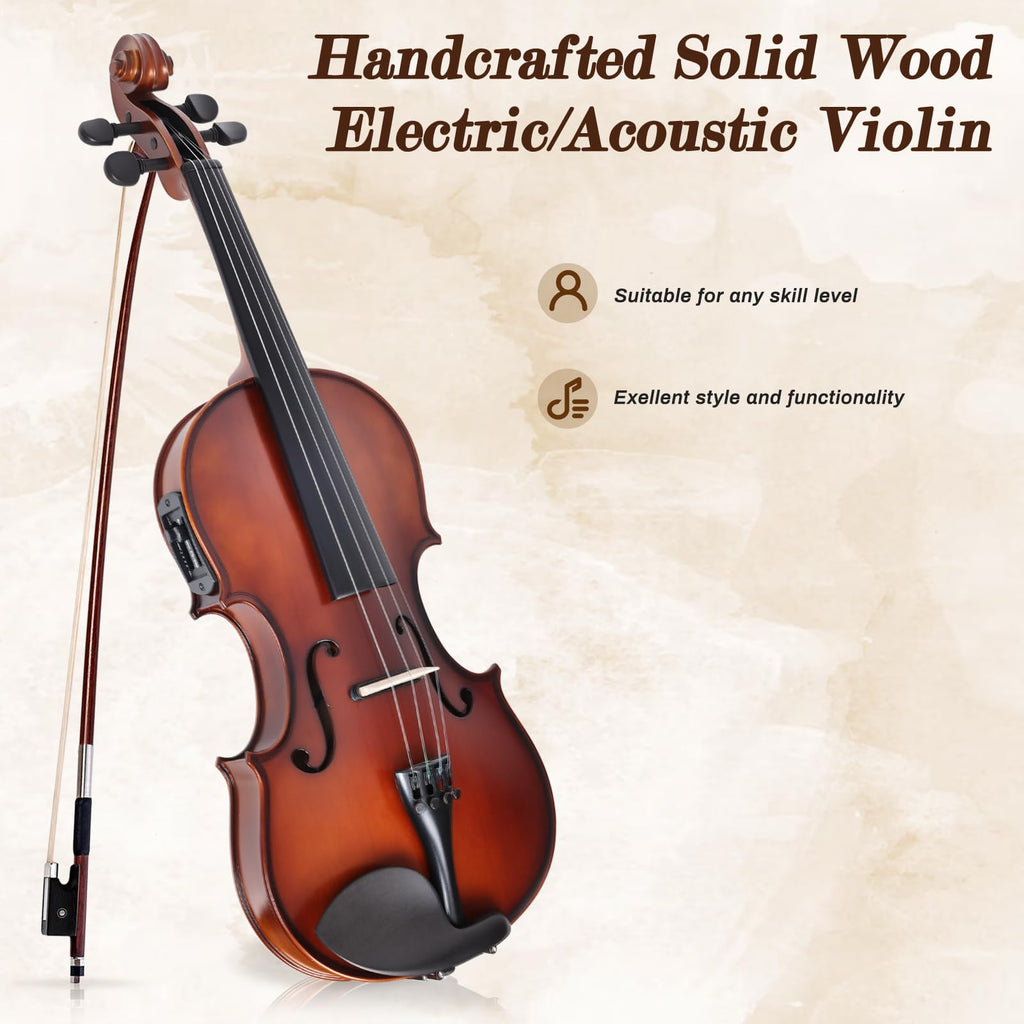 Electric/Acoustic Violin with Ebony Accessories with Carrying Case, Violin Bow, Bridge, Shoulder Rest, Stickers, Tuner, Instruction, Handcraft with Maple, Spruce (White)