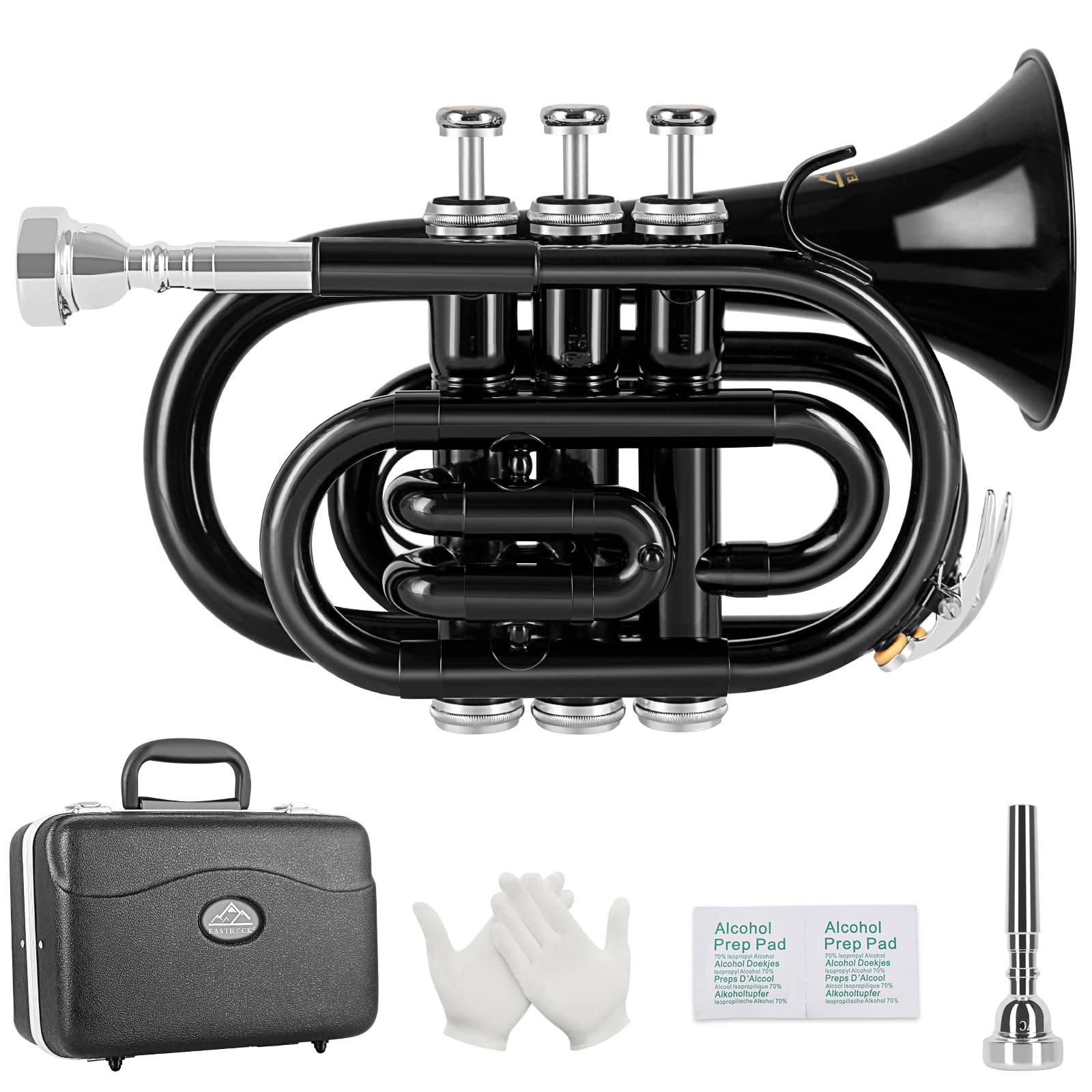 EastRock Pocket Trumpet Brass Bb Nickel Plated Trumpet with 7 C Mouthpiece, Hard Case, Strap, White Gloves, Cleaning Kit for Students and Beginners