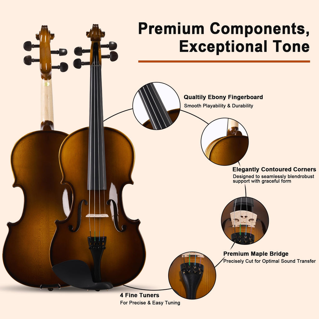 ADM Acoustic Violin for Beginner 4/4 Full Size Violin Set Solid Wood Ebony for Adult Teen Student Starter Kit with Hard Case, Shoulder Rest, Bow, Music Stand, Strings, Free Lessons (Sepia, 4/4 Size)