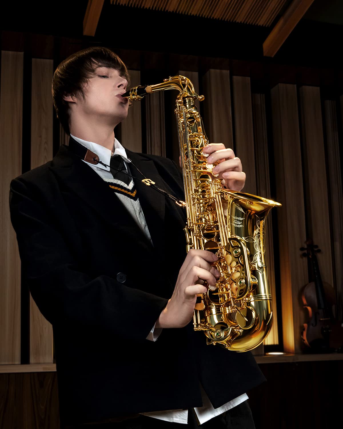 Eastar Student Alto Saxophone E Flat for Beginner Sax Full Kit with Carrying Case, Mouthpiece, Straps, Reeds, Stand, Golden Lacquer, AS-Ⅱ