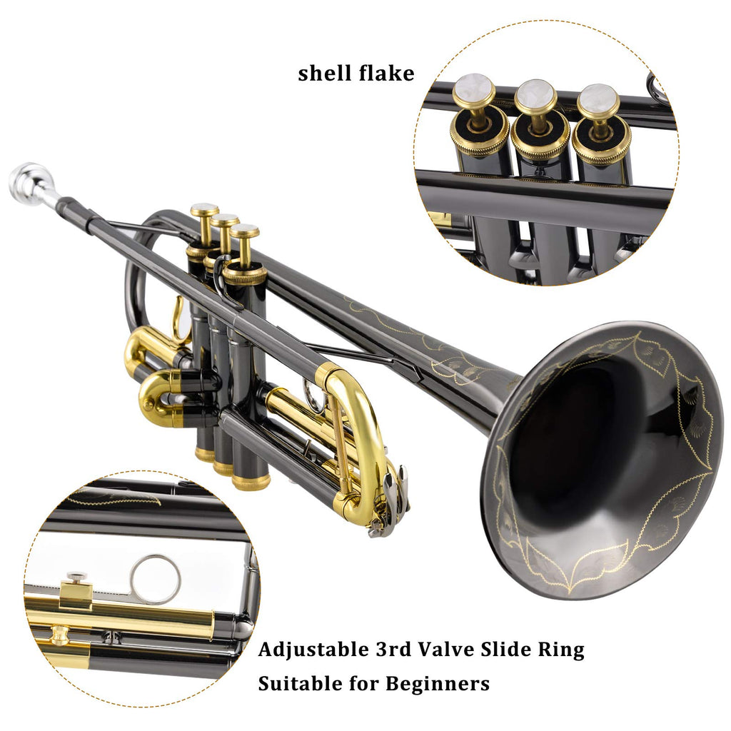EASTROCK Bb Trumpet Standard Trumpet Set with Carrying Case,Gloves, 7C Mouthpiece, Tuning Rod, Black Nickel,Hand Carved Craft