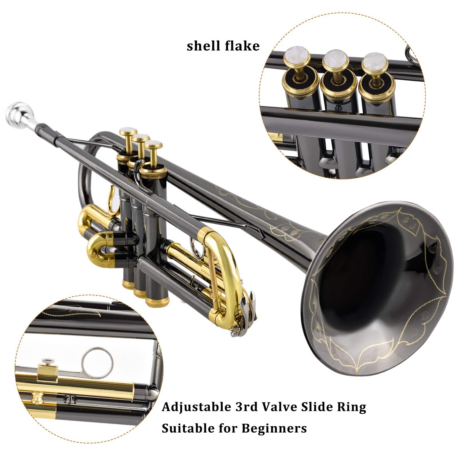 EASTROCK Bb Trumpet Standard Trumpet Set with Carrying Case,Gloves, 7C Mouthpiece, Tuning Rod, Black Nickel,Hand Carved Craft