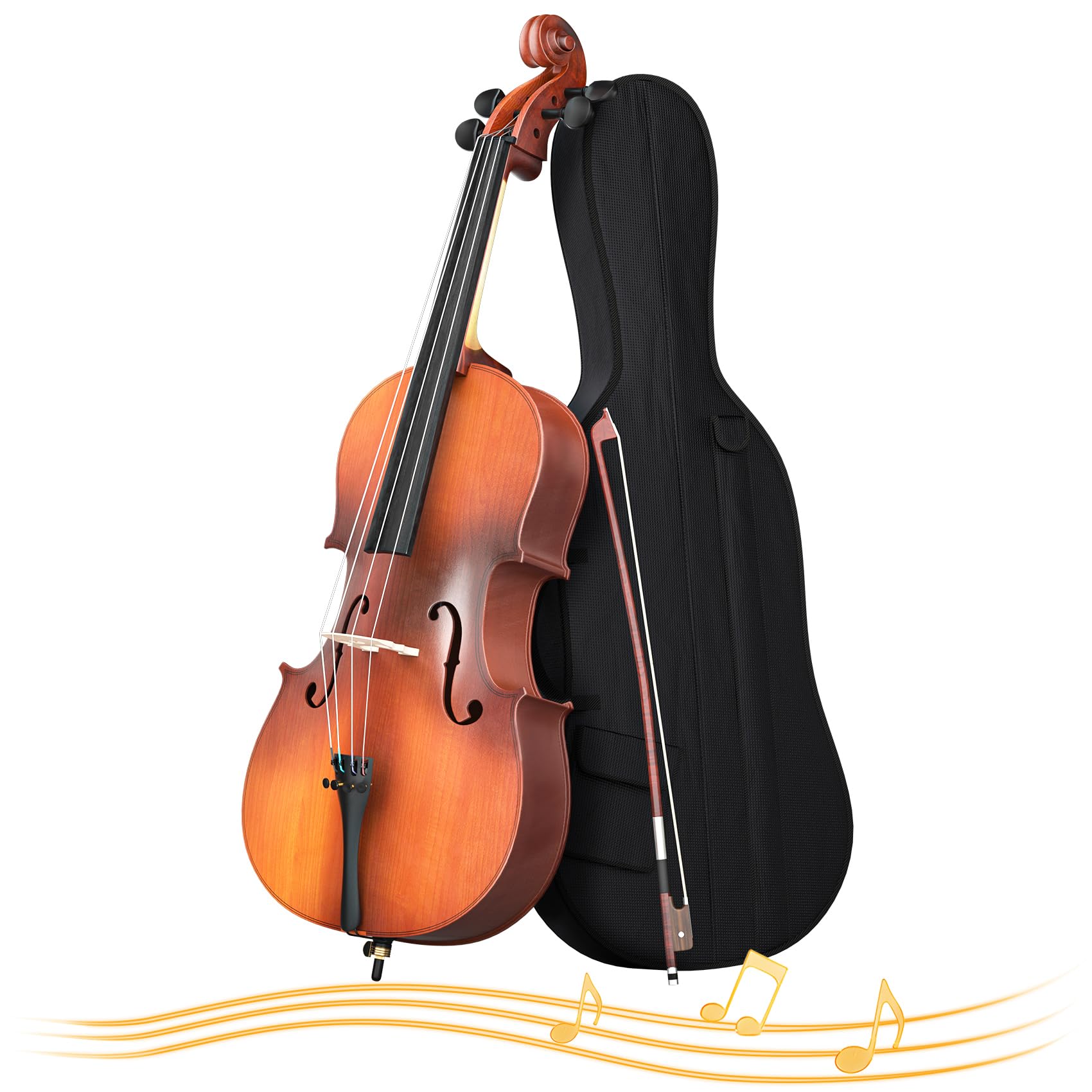 Cello 4/4 Kit, Full Size Cello for Adults, Students, Beginners, Complete Acoustic Cello Instrument Set with Portable Bag, Bow, Rosin, Black
