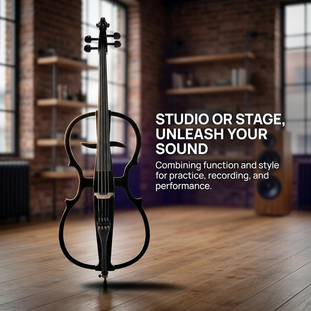 Electric Cello 4/4 Full Size Ebony Fittings with Lightweight Cello Bag, Headphones, Bow, Bridge, Rosin, Cello for Beginners Adults