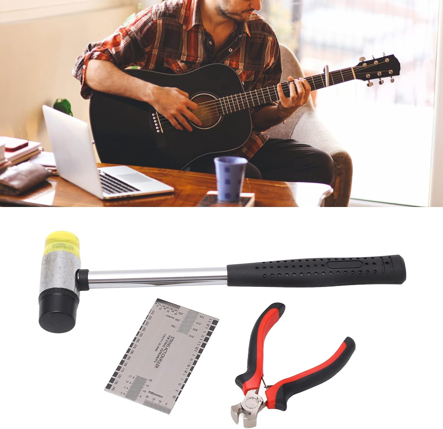 Guitar Hammer Plier String Action Ruler Gauge Set Robust Metal Guitar Repairing Maintenance Tool Kit