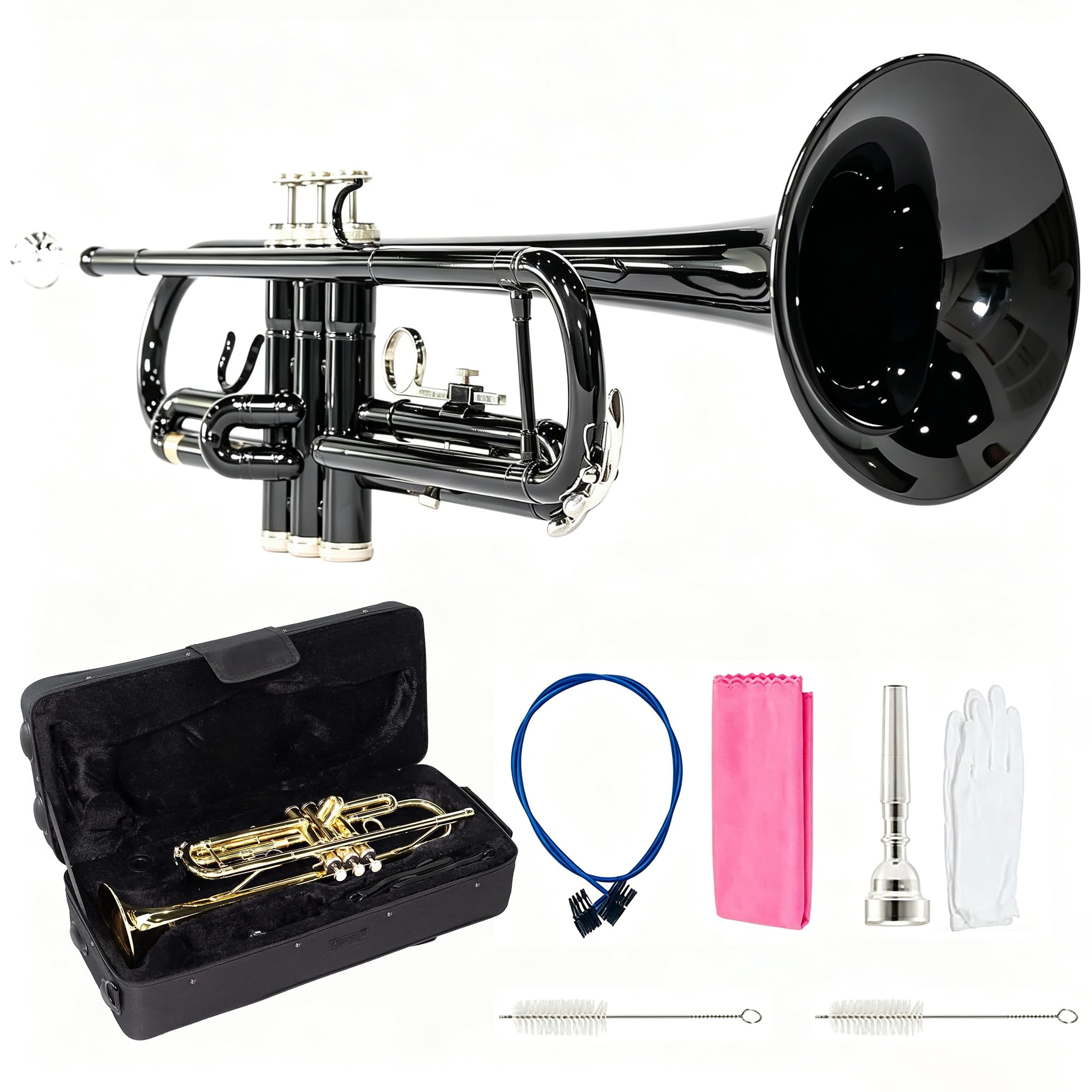 LeSage Bb Standard Trumpet Set for Beginner, Brass Student Trumpet with Carrying Case, Care Kit, Valve Oil, Cloth, 7C Mouthpiece & Gloves Silver
