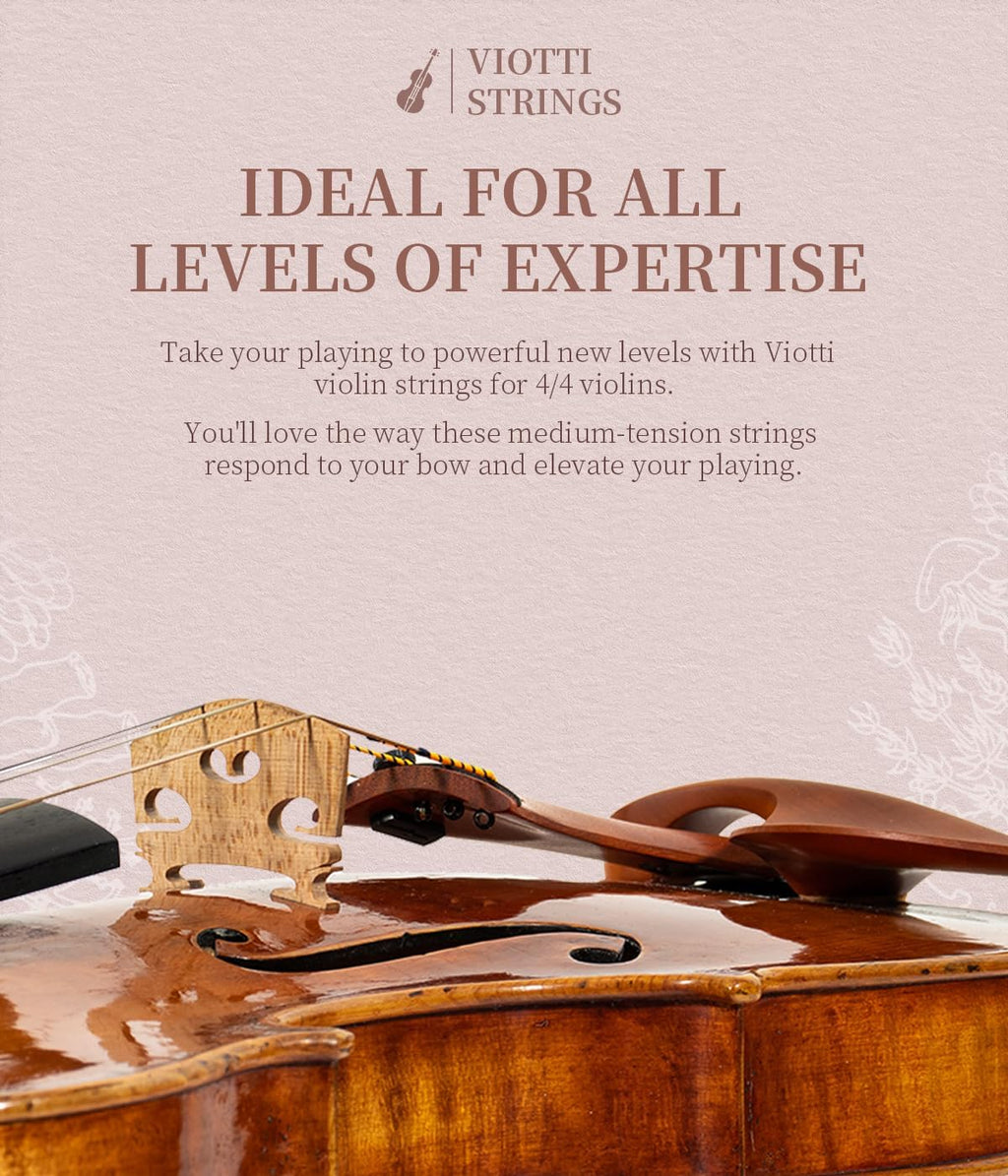 Viotti Violin Strings 4/4 Full Set | Medium Tension Synthetic-Core Strings with Gold E String for Brilliance, Power & Projection, Silver Wound D & G Strings, and Aluminum Wound A String