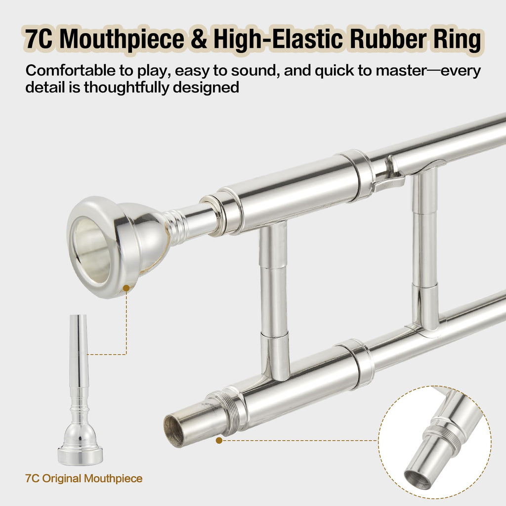 B Flat Alto Trombone, Brass Trombone with Gold Laquer, Includes Mouthpiece, Case, Cleaning Cloth, Gloves