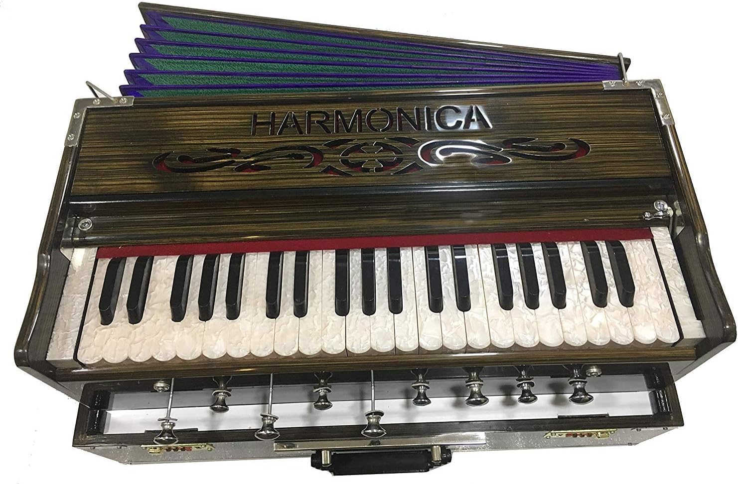 9 Stopper Portable Harmonium Chudidaar Bellow 42 Key 2 Reed Bass Male Backward Coupler Indian Harmonium Professional Harmonium Handmade Musical Instrument Brass