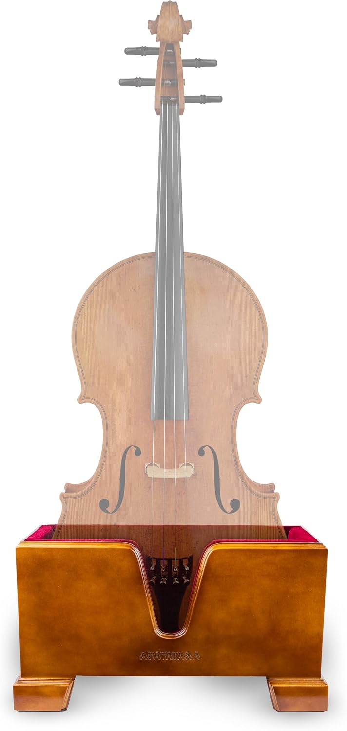 Cello Box Stand – Luxury Burgundy Plush Liner – Wooden Mahogany-tone Upright Instrument Holder – Wood Display Case - Integrated Bow Holder - with Cello Endpin Stopper - AFATATARA