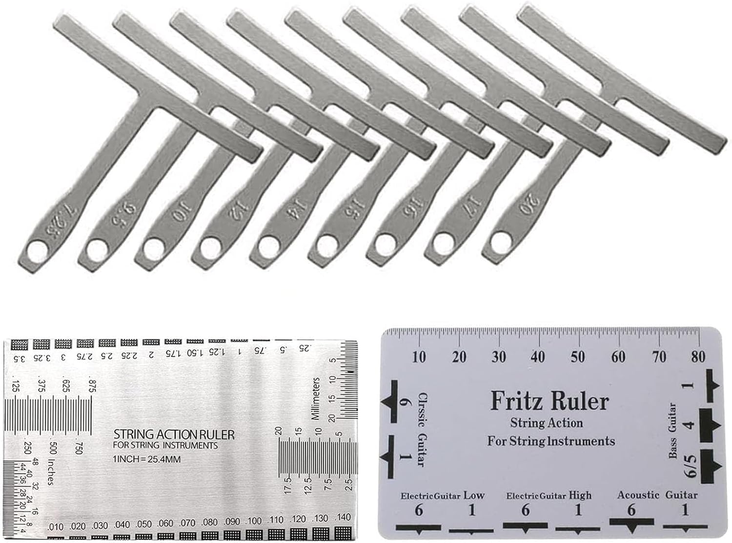 11Pcs Guitar Luthier Tools Include 1Pcs String Action Gauge Ruler 1Pcs Guitar String Pitch Ruler 9Pcs Understring Radius Gauge, Guitar String Height Measuring Set Up Repairing Tool