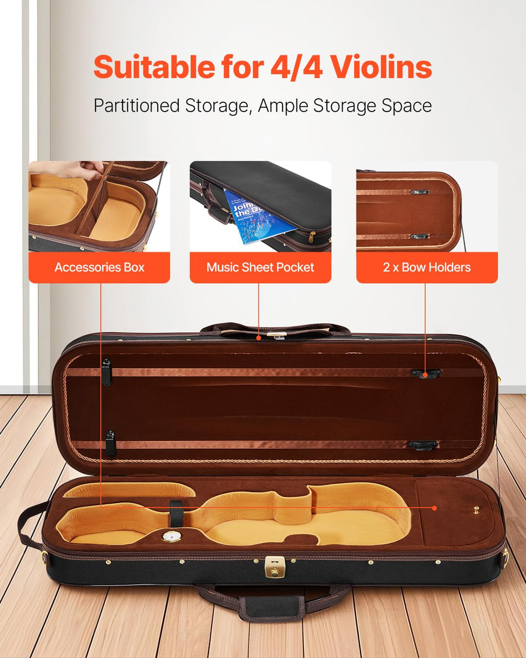 VEVOR 4/4 Full Size Violin Case, Built-in Hygrometer, Lightweight Portable Travel Carrying Bag, with Plush Lining, Dual Shoulder Straps, Anti-Scratch, Professional Triangular Shape, for Violin, Black