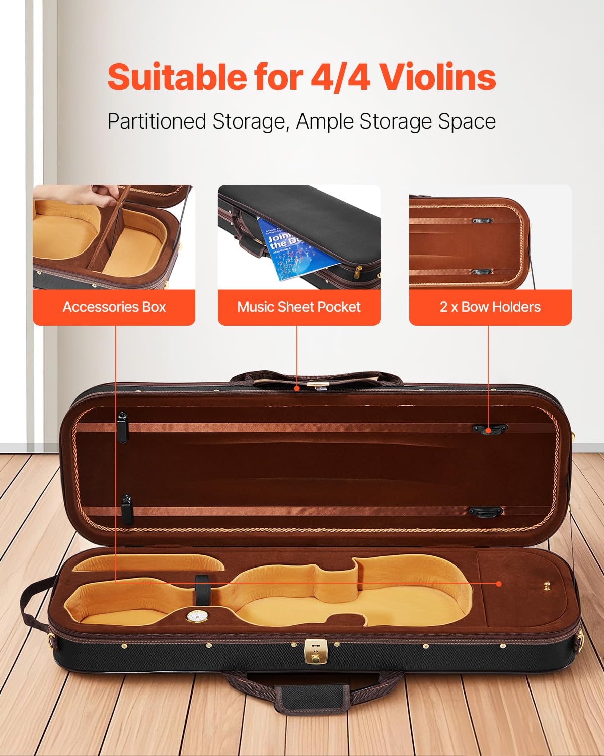 VEVOR 4/4 Full Size Violin Case, Built-in Hygrometer, Lightweight Portable Travel Carrying Bag, with Plush Lining, Dual Shoulder Straps, Anti-Scratch, Professional Triangular Shape, for Violin, Black