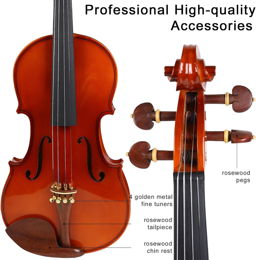 Violin 4/4 Full Size Complete Set for Adults Teenagers Students,Solid Maple Wood Violins with Rosewood Fittings,Case,Spare strings,Bow, Rosin, Shoulder Rest,Professional Violin for 11+years Gift