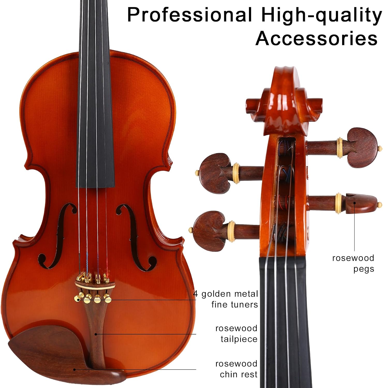 Violin 4/4 Full Size Complete Set for Adults Teenagers Students,Solid Maple Wood Violins with Rosewood Fittings,Case,Spare strings,Bow, Rosin, Shoulder Rest,Professional Violin for 11+years Gift
