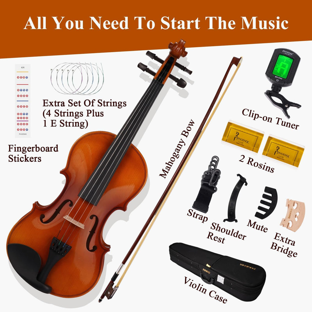 PHOENIX Violin 4/4 Full Size Kit, Violin Fiddle Set for Beginner Adults with Rosewood Bow Extra Strings & Bridge (Entry-level, Full)