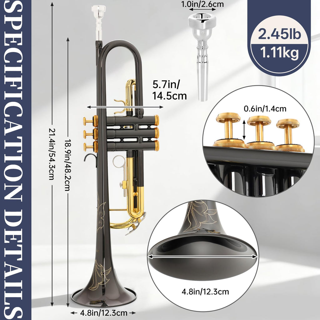 Kmise Bb Standard Trumpet, Premium Brass Trumpets for Student Beginner, Trumpet Instrument Set with Upgraded Case, 7C Mouthpiece, Mute, Beginner's Guide Kit, Cleaning Kit (Gold)