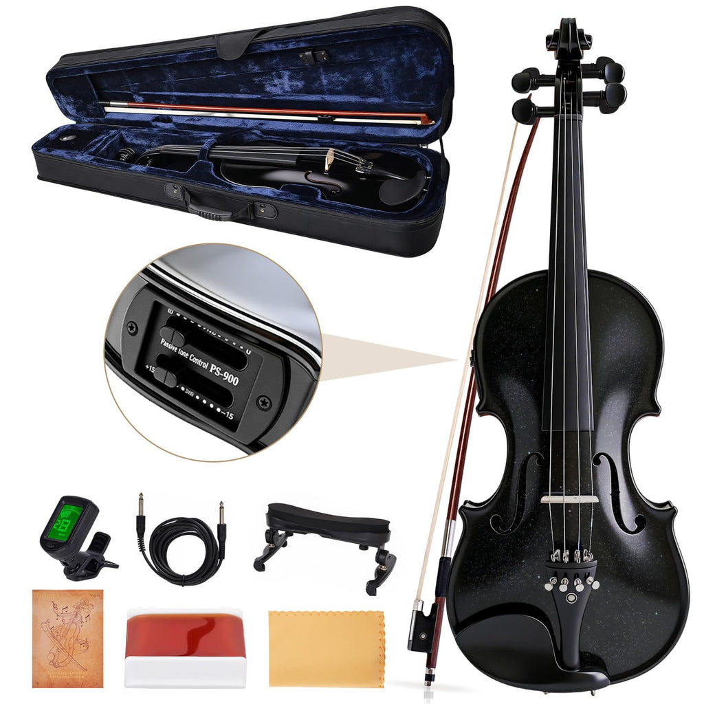 Electric/Acoustic Violin with Ebony Accessories with Carrying Case, Violin Bow, Bridge, Shoulder Rest, Stickers, Tuner, Instruction, Handcraft with Maple, Spruce (White)
