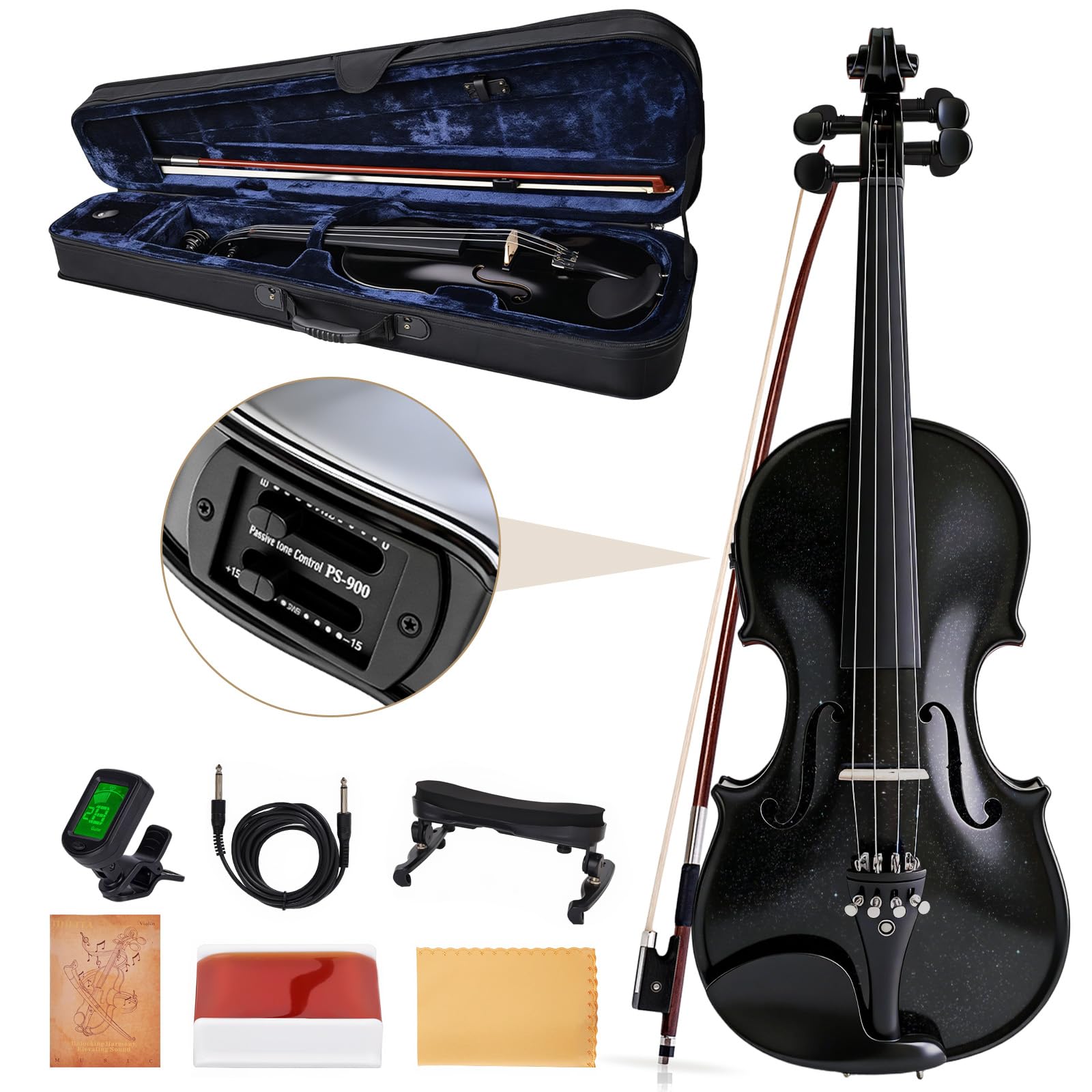 Electric/Acoustic Violin with Ebony Accessories with Carrying Case, Violin Bow, Bridge, Shoulder Rest, Stickers, Tuner, Instruction, Handcraft with Maple, Spruce (White)