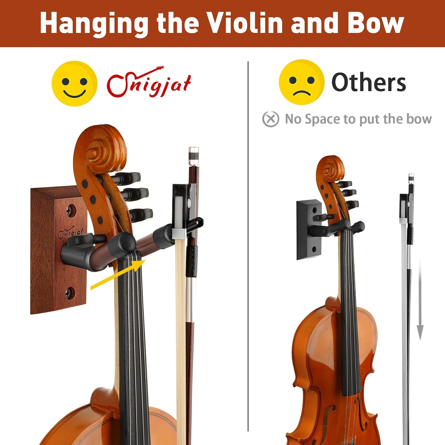 SNIGJAT Violin Wall Mount, 2 Pack Hardwood Violin Hanger with Bow Holder, Vertical Wall Hook Display Stand Fits 4/4 3/4 1/2 1/4 Violins, Decorative Holder for Home Studio Music Room