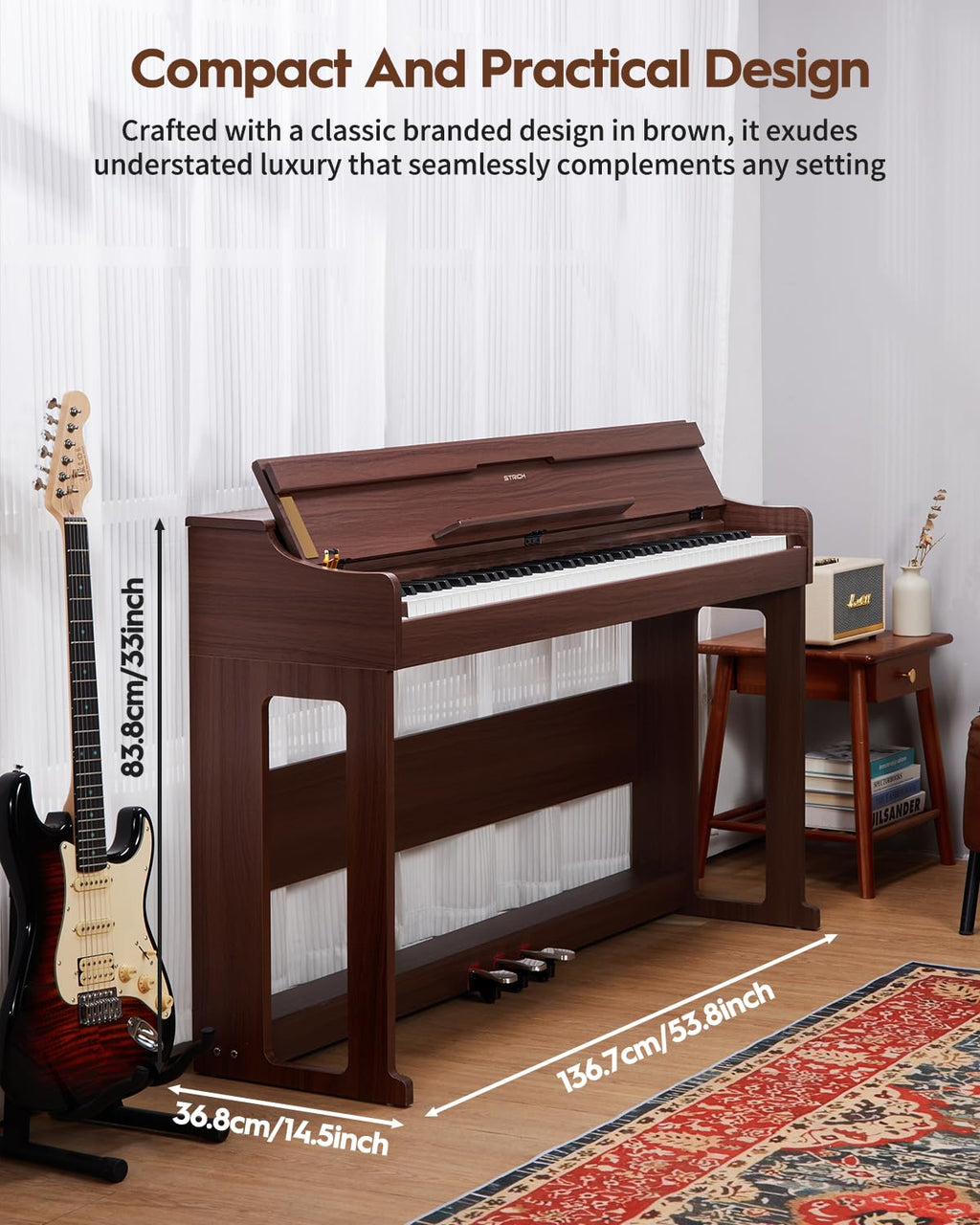 STRICH Digital Piano 88 Keys, Hammer-Action Weighted Keyboard, Full size Electric Piano Keyboard with Furniture Stand, 25Wx2 Speakers, Supports USB-MIDI/Wireless Connect, SDP-300W (Color Walnut Wood)