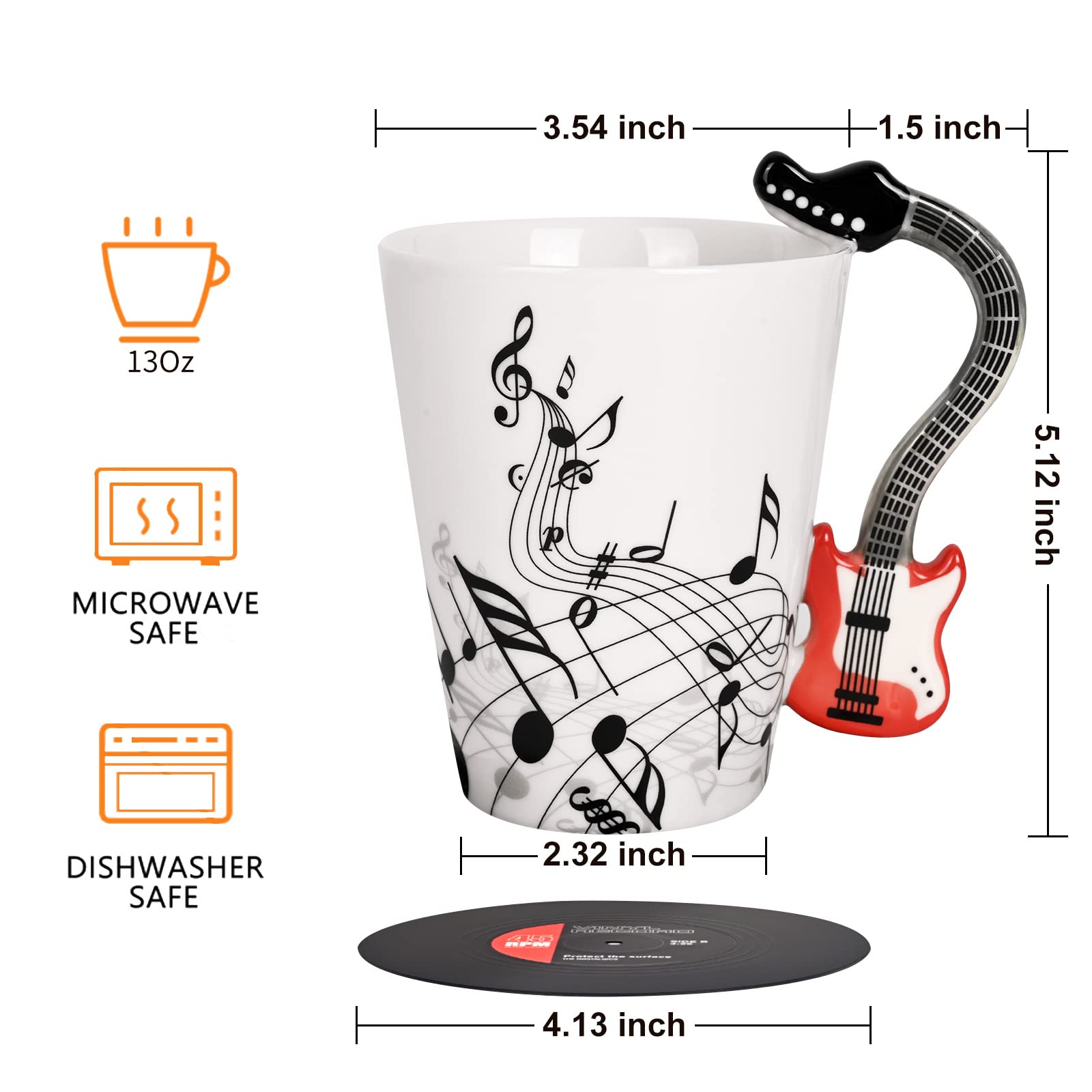 Maustic Novelty Violin Mug - 13 Oz Ceramic with Vinyl Record Coaster, Perfect for Music Lovers, Musicians, and Violinists - Ideal for Christmas or Birthday Gifts