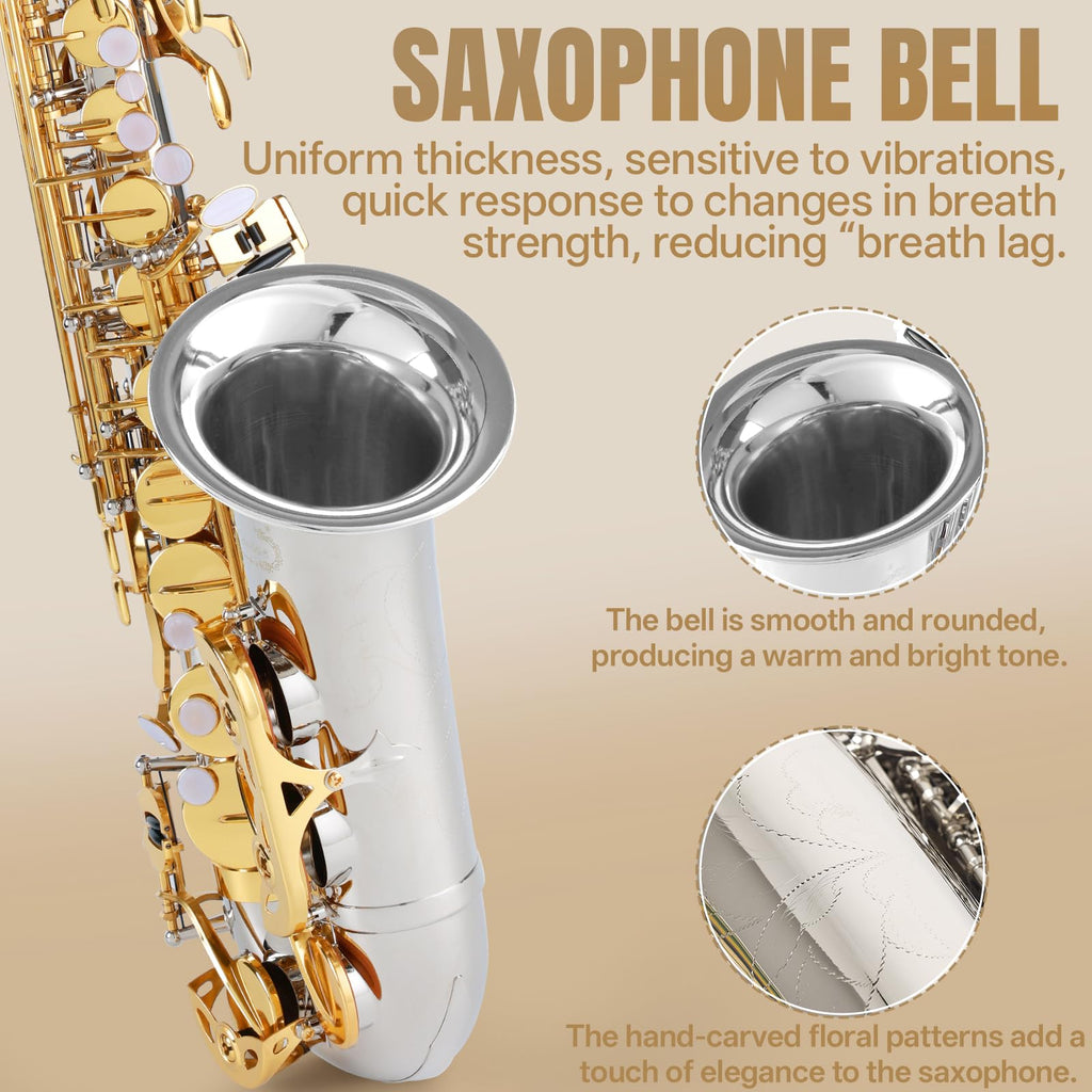 Kmise E Flat Alto Saxophone, Lightweight Saxophones for Students Beginner, Saxofon Full Kit with Portable Case, Sax Stand, Strap, Reeds, Beginner's Guides, Mute, Cleaning Kit (Gold Lacquer)