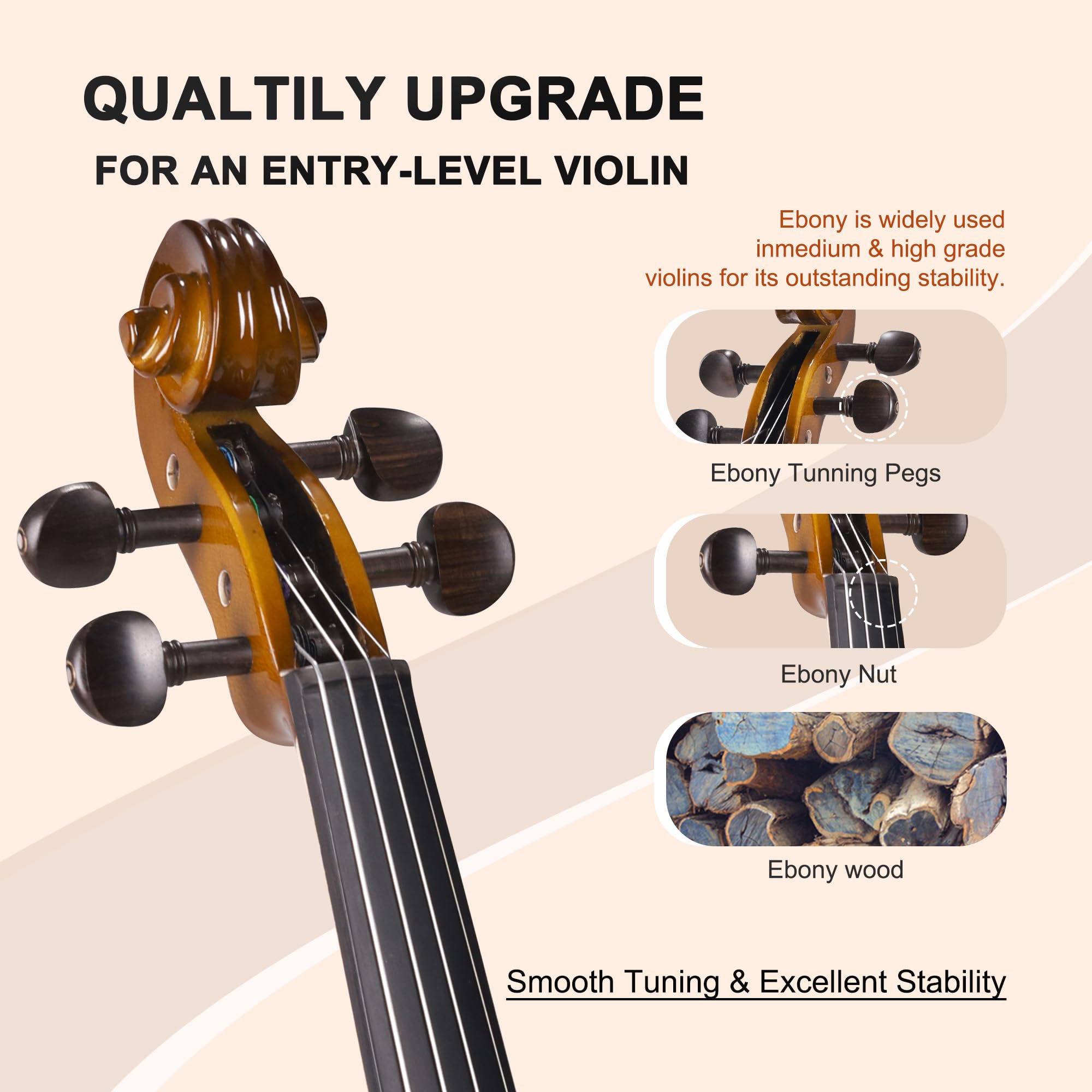 ADM Acoustic Violin for Beginner 4/4 Full Size Violin Set Solid Wood Ebony for Adult Teen Student Starter Kit with Hard Case, Shoulder Rest, Bow, Music Stand, Strings, Free Lessons (Sepia, 4/4 Size)