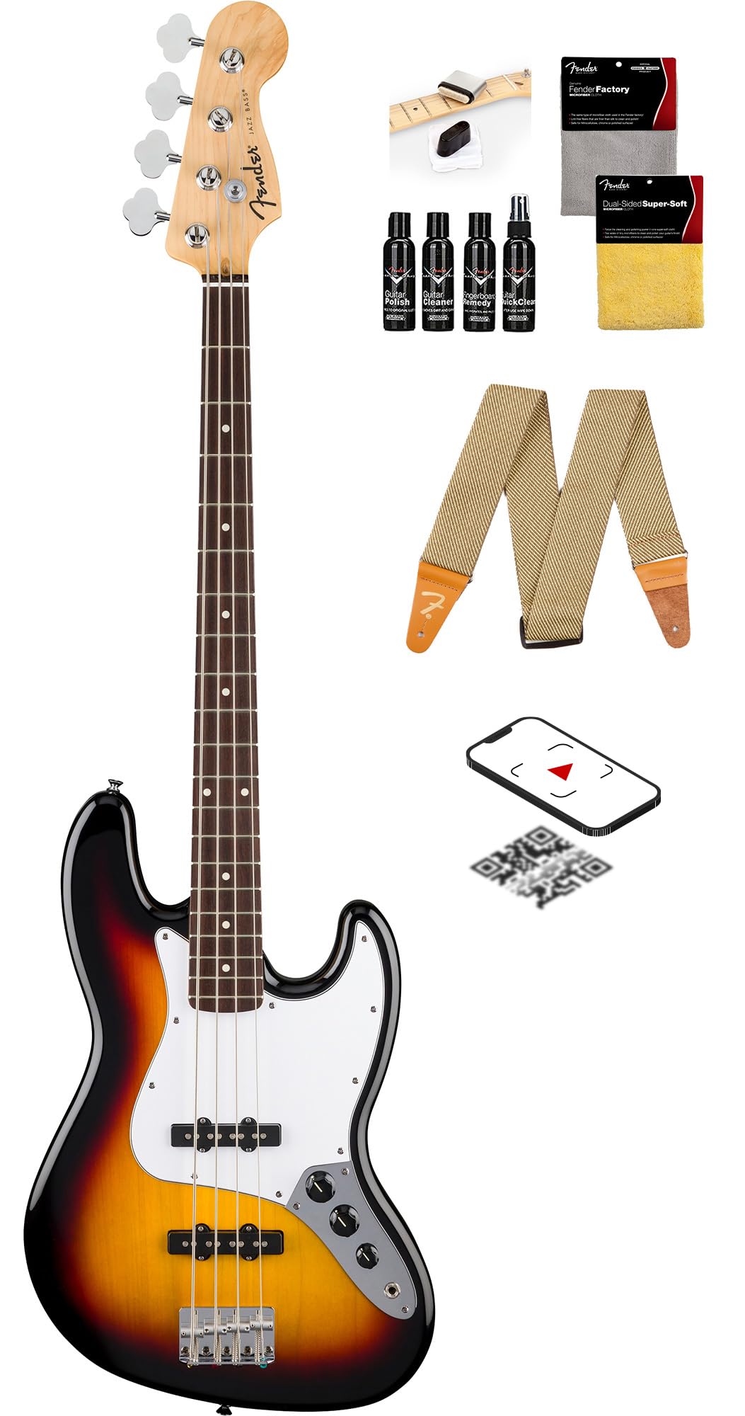 Fender Standard Jazz Bass - Olympic White Bundle with Strap, Guitar Cleaning Kit and Austin Bazaar Instructional Video