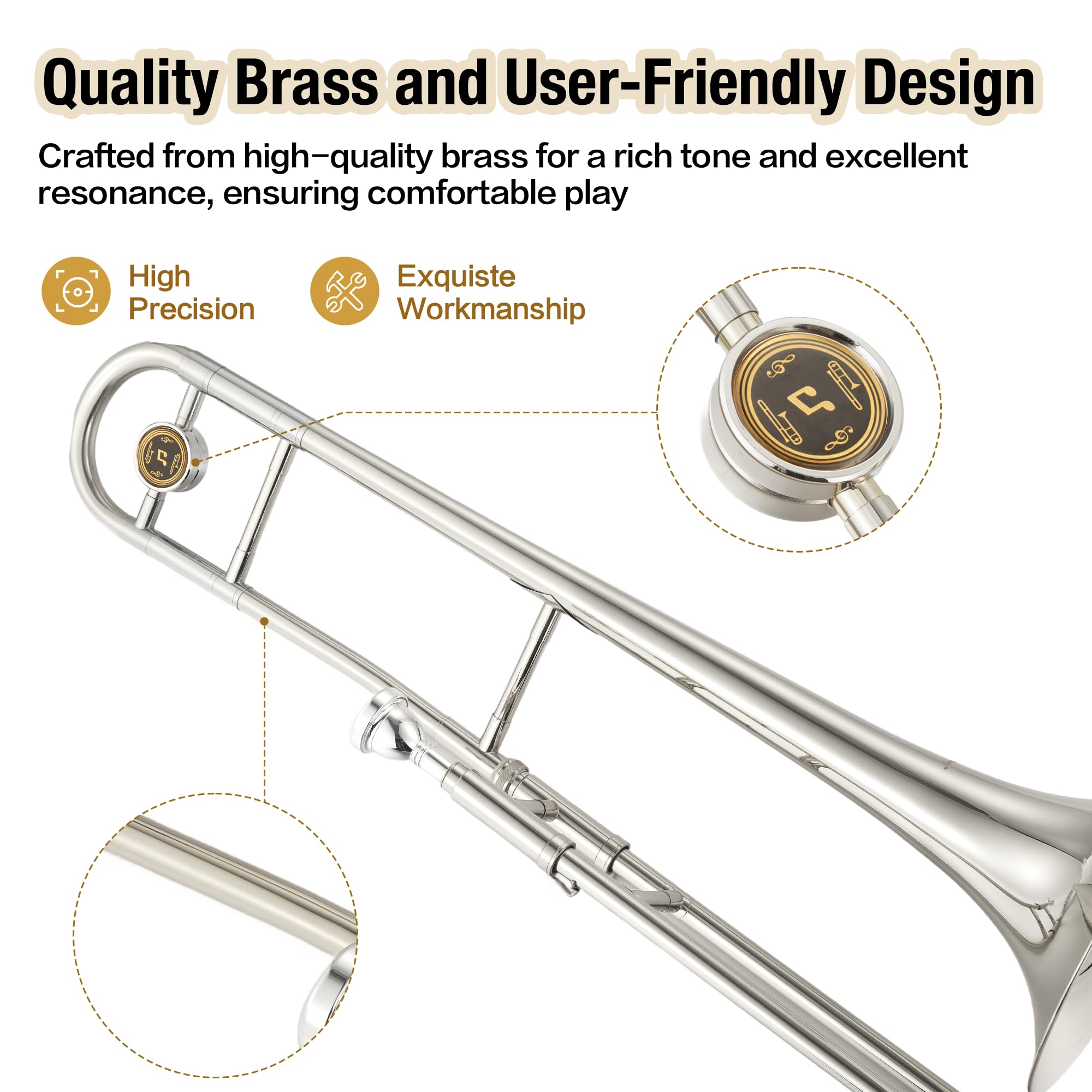 Senfot Alto Trombone Starter Kit, Gold Lacquer Brass with Case, Mouthpiece, Gloves, Cloth; Accurate tone and Penetraing Sound, School Band & Orchestra Essential Instrument