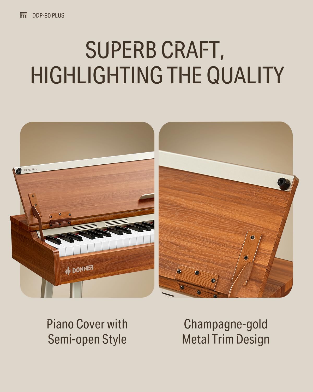 Donner DDP-80 PLUS Digital Piano 88 Key Weighted Keyboard, Home Electric Piano, Supports USB-MIDI & Headphones Connection, Semi-open Cover Designed, with Metal Three Pedal, Power Adapter