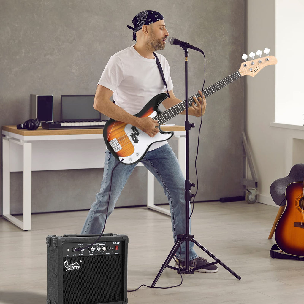 GLARRY Full Size Electric Bass Guitar Beginner Kit 4 String Exquisite Basswood Bass with 20W AMP, Cable, Strap, Bag and Accessories (Black, 39"Right Handed)