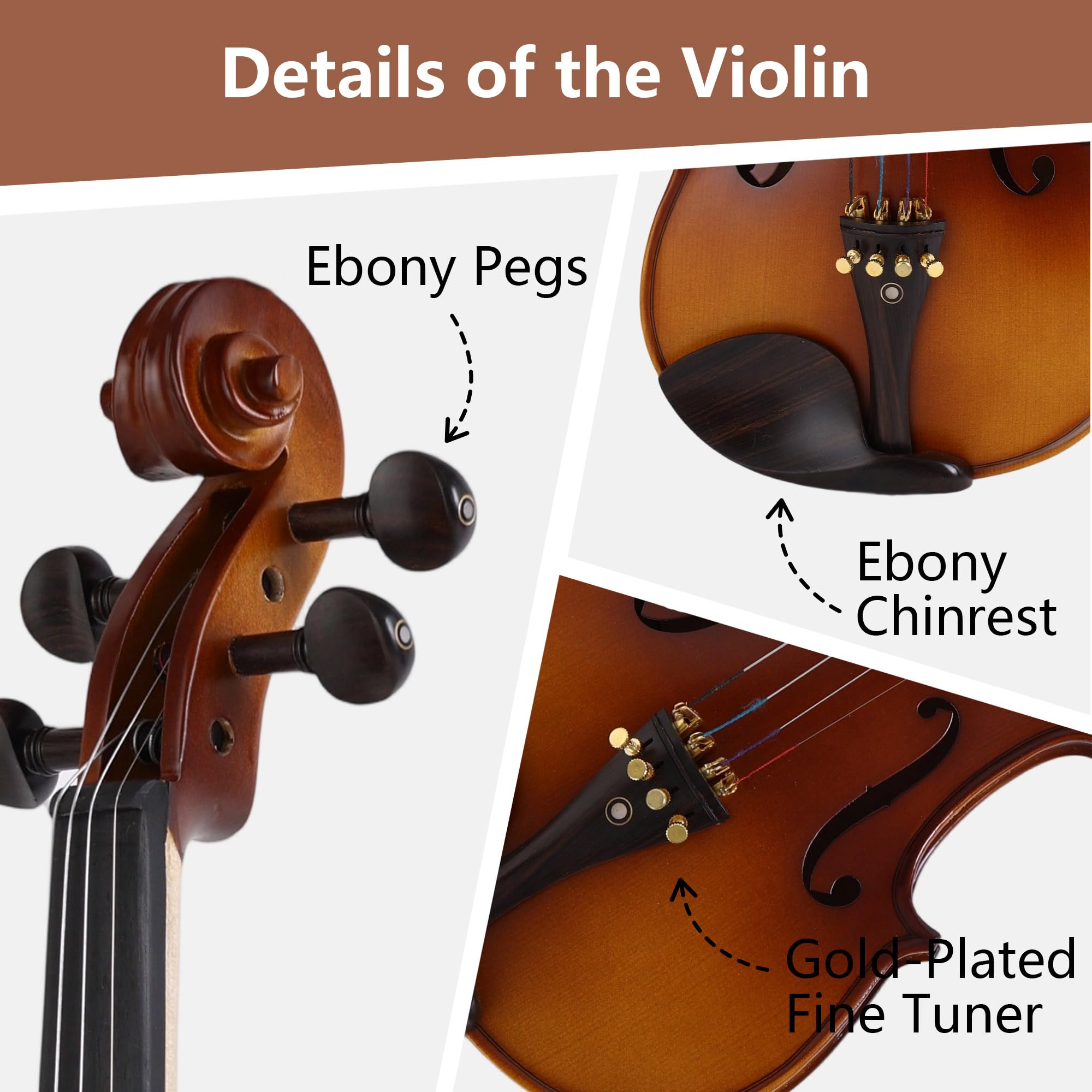 Violin 4/4 Full Size,Beginner Violin For Kids,Students,Adults,Fiddle Set with Hard Case,Bow,Rosin,Shoulder Rest,Tuner,Extra Strings,Bridge,Fingerboard Stickers