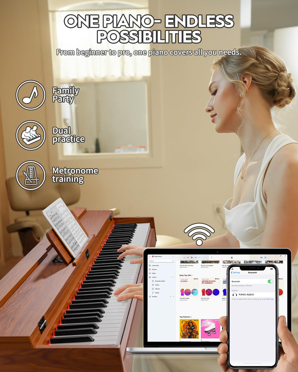 STRICH 88 Key Digital Piano, Hammer-Action Weighted Keyboard, Full Size Desk Cover Electric Piano Keyboard with Stand, 25Wx2 Speakers, Headphones, Three Pedal, SDP-350S(Color Mahogany)